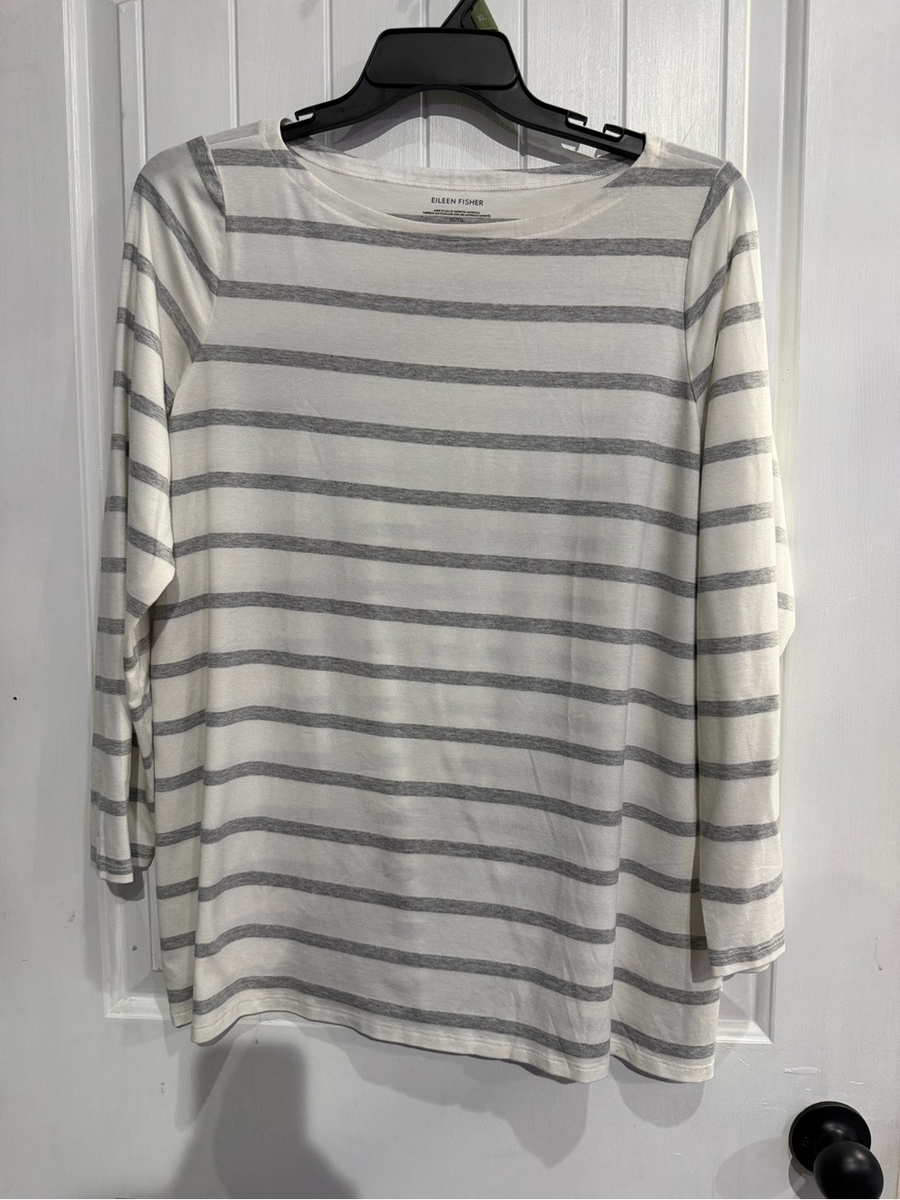 Eileen Fisher Cream and Gray Striped Long-Sleeve Tee
